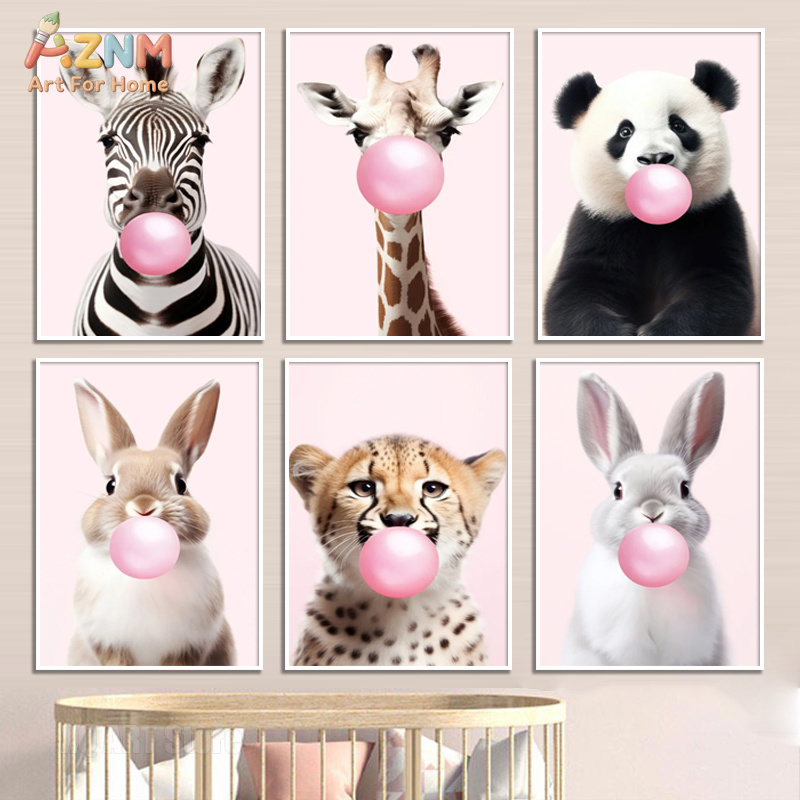 Baby Nursery Giraffe - Poster con Panda Rosa, Giraffa, Coniglio,