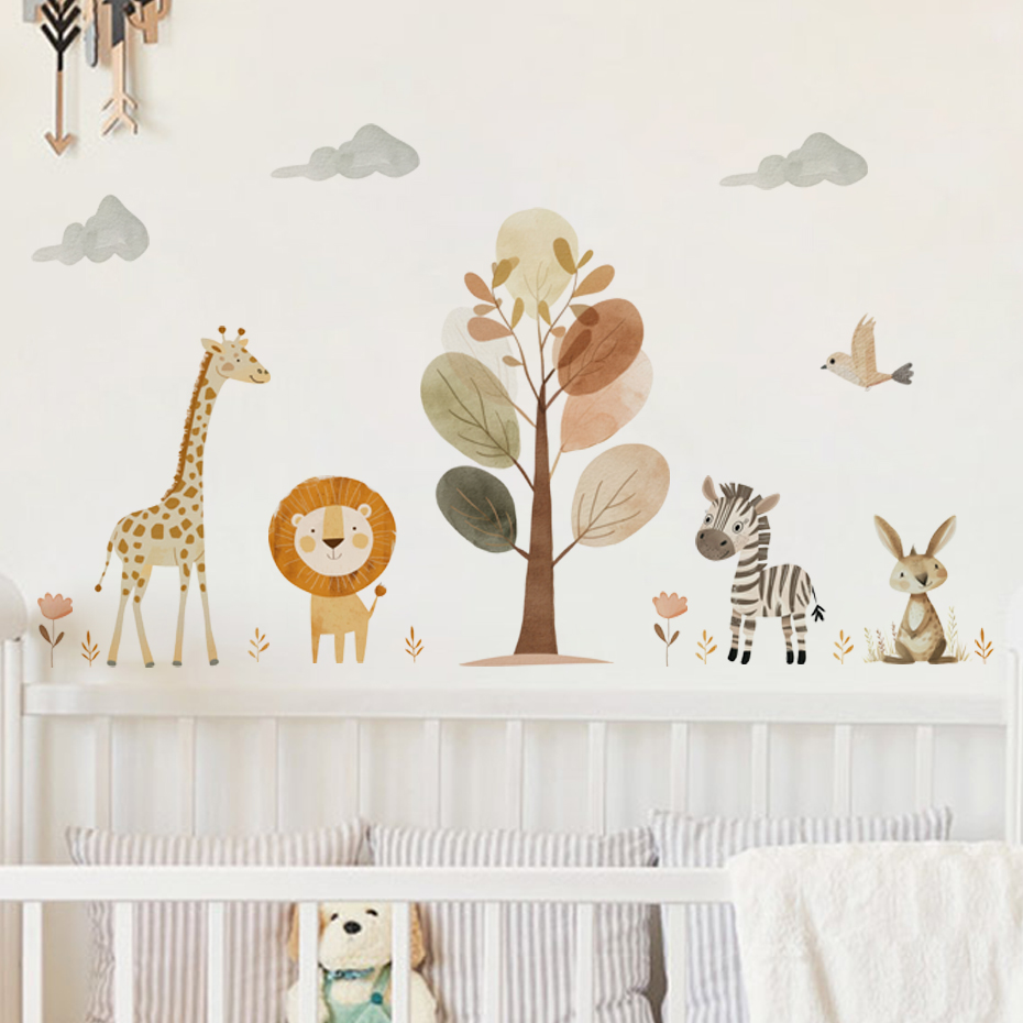 Baby Nursery Giraffe - Cartoon simpatico leone giraffa zebra albero