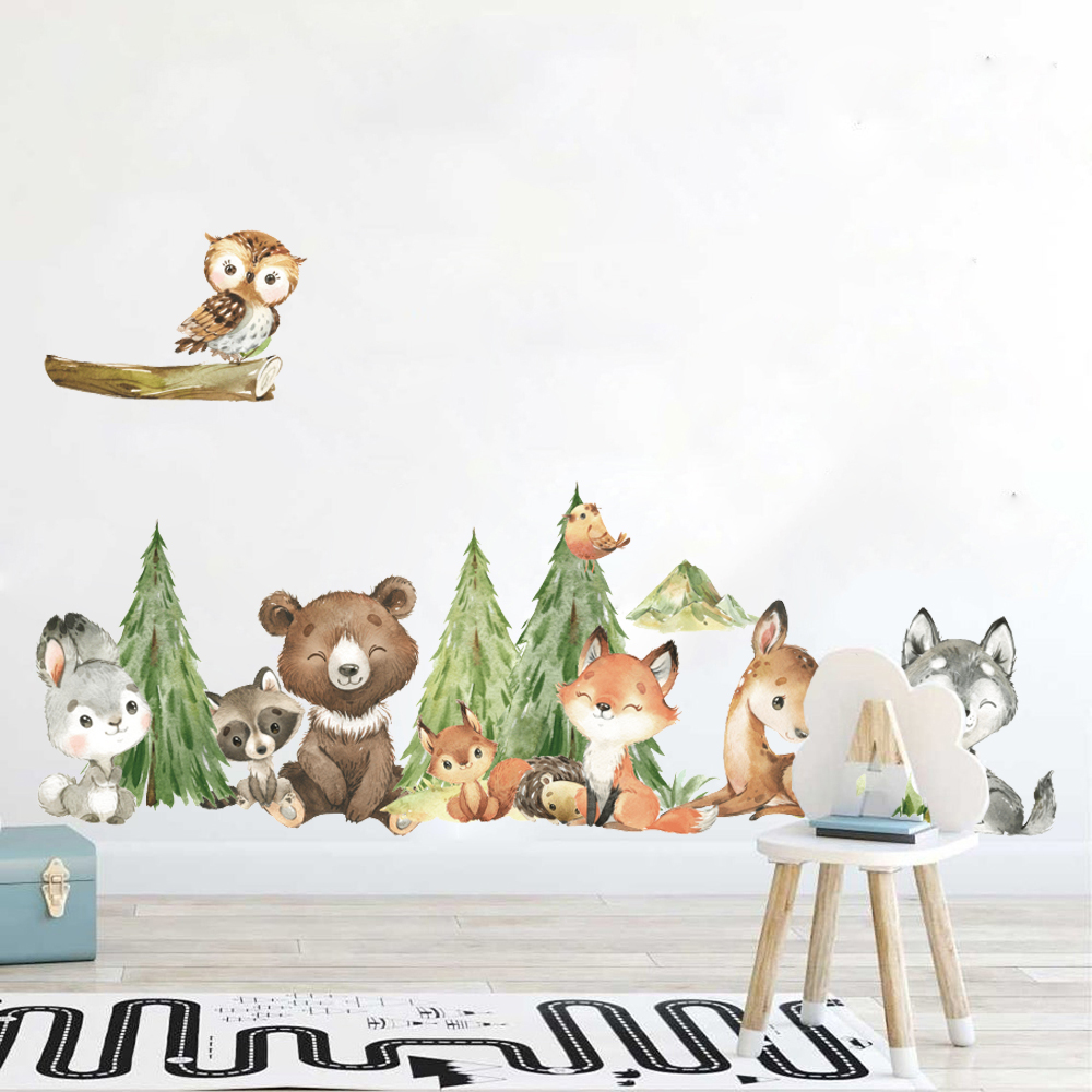 Baby Nursery Tree - Cartoon Acquerello Foresta Animale Adesivo da